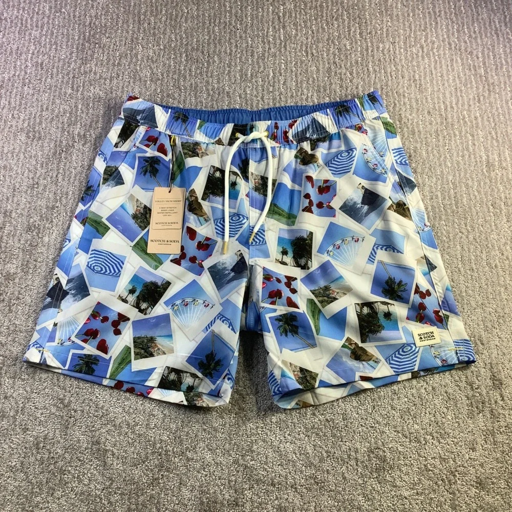 Scotch & Soda Mens Volley Swim Shorts Polaroid Print White Blue Size M NWT